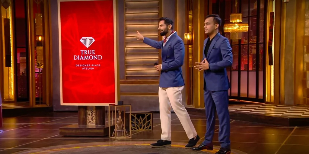 True Diamond founders onstage during their Shark Tank India Season 5 pitch against Emori