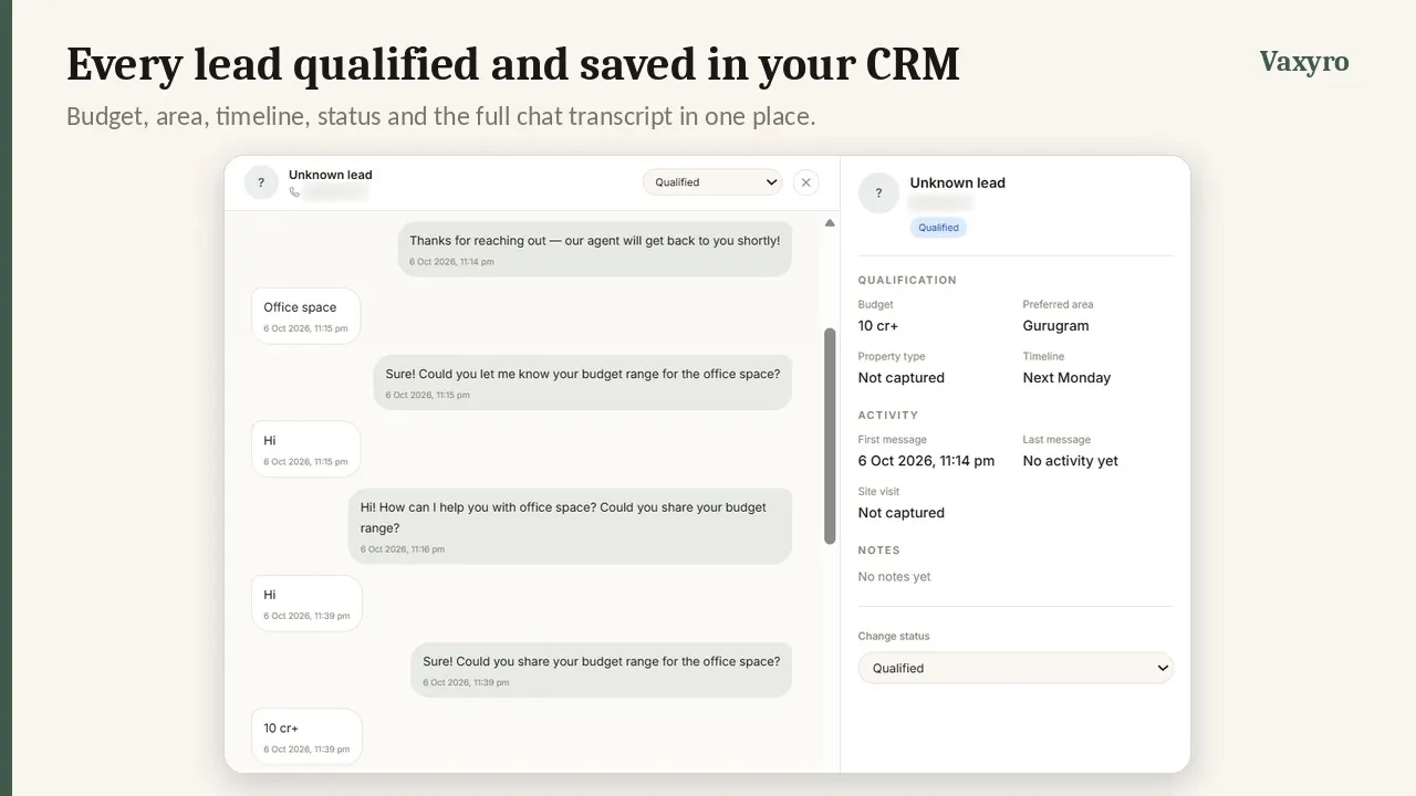 Vaxyro CRM lead view